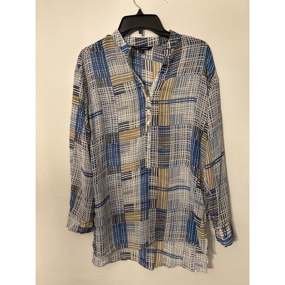 Zac & Rachel Tops - Zac & Rachel Tunic Women Small Blue Tan Excellent Geometric Sheer Blouse